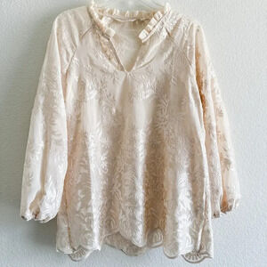 Soft Surroundings Cream Ruffle Embroidered Jacquard V neck Sheer Tunic Size XS